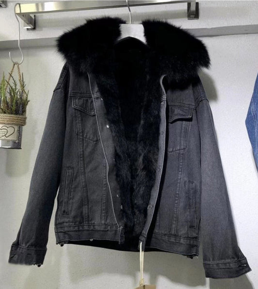 Women's Denim Fur Lined Hooded Jacket Fleece Coat