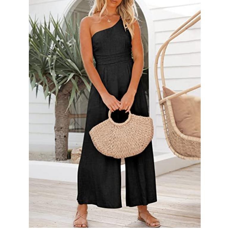 Women's Solid Colour Linen Jumpsuit Camisole Sleeveless One Shoulder Fitted Waist Wide Leg Trendy Outfit
