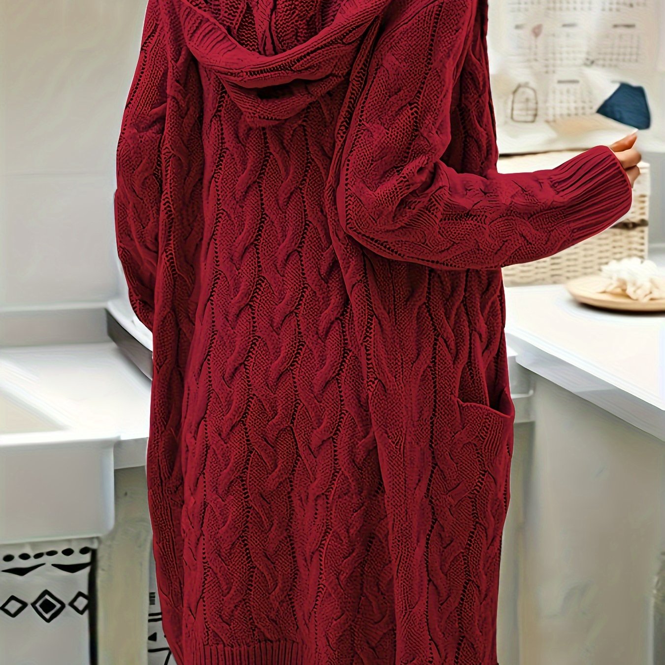 Chic Solid Cable Knit Hooded Cardigan - Cozy Long Sleeve with Practical Pockets, Mid-Length Womens Sweater for Casual Style