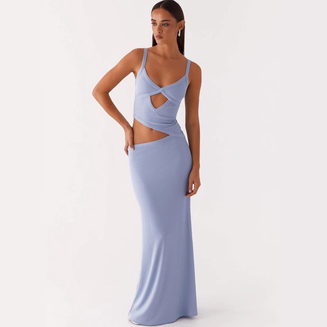 Hollow Irregular Stitching Solid Color Dress