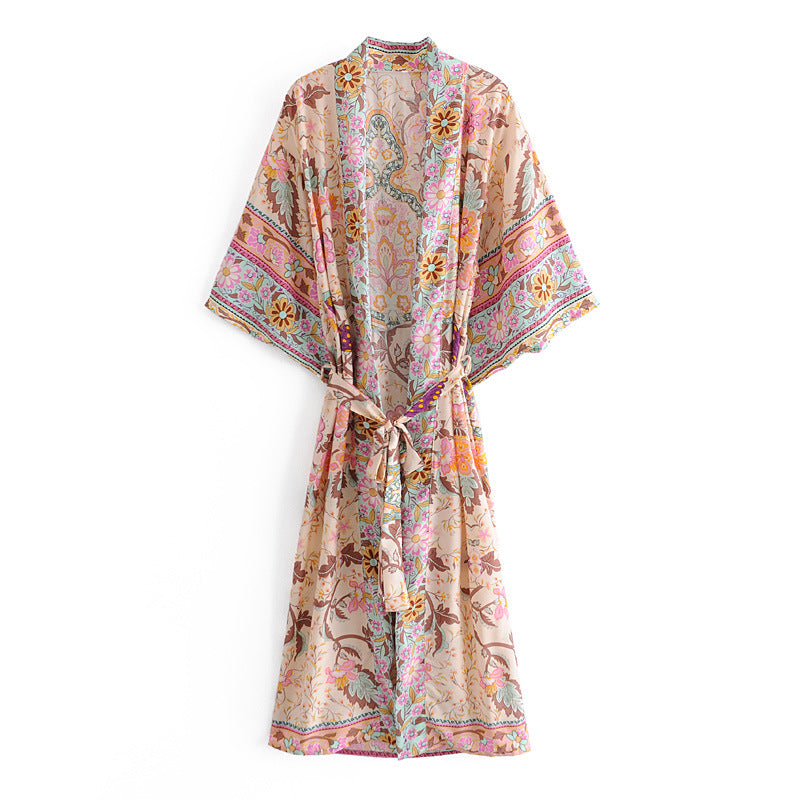 Women's Bohemian Pink Floral Kimono Robe