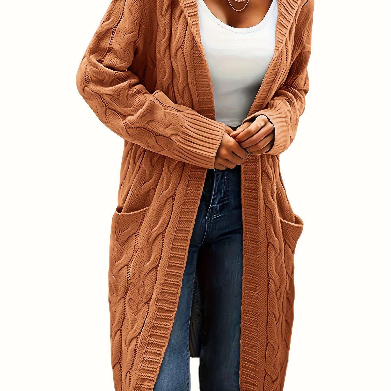 Chic Solid Cable Knit Hooded Cardigan - Cozy Long Sleeve with Practical Pockets, Mid-Length Womens Sweater for Casual Style