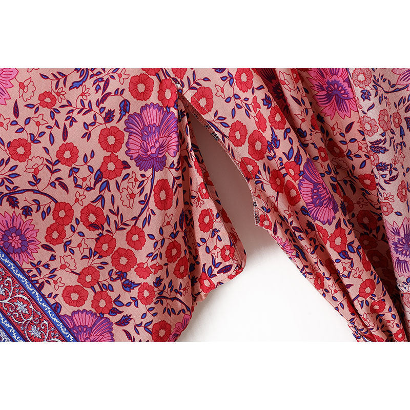 Women's Bohemian Pink Purple Floral Print Kimono Robe
