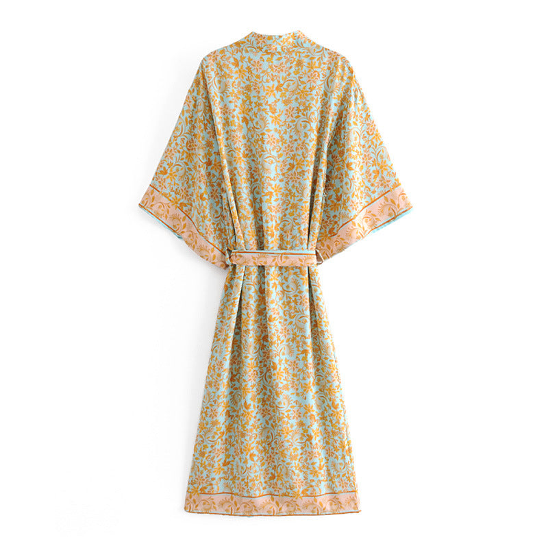 Women's Bohemian Style Yellow Turquoise Floral Print Kimono Robe