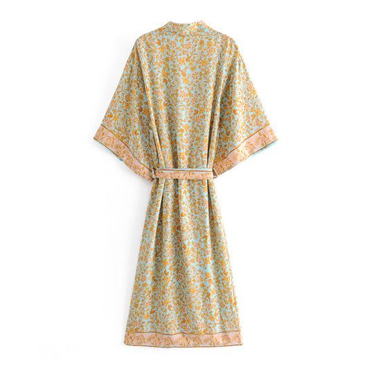 Women's Bohemian Style Yellow Turquoise Floral Print Kimono Robe