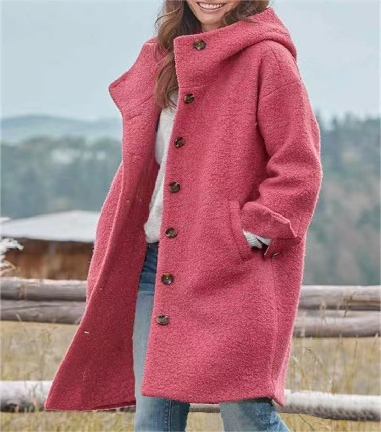 Women's Thick Long Coat Button Front Hooded With Pockets