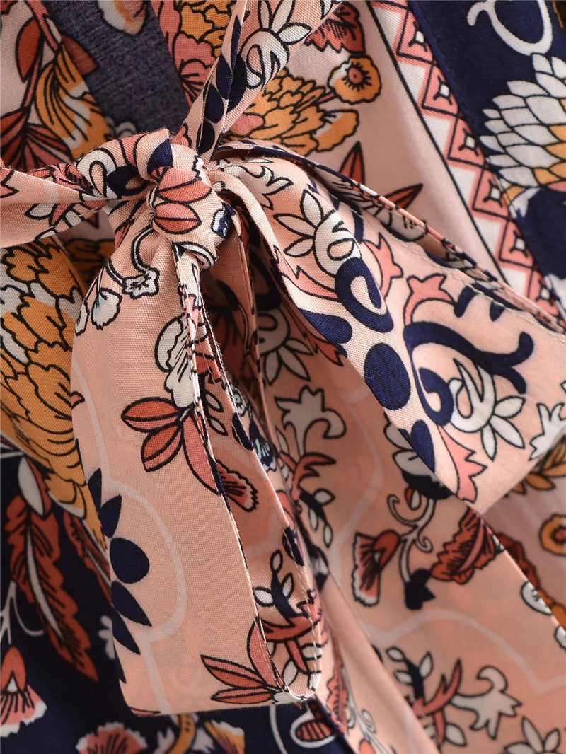 Women's Bohemian Style Navy Peach Flower Print Kimono Robe