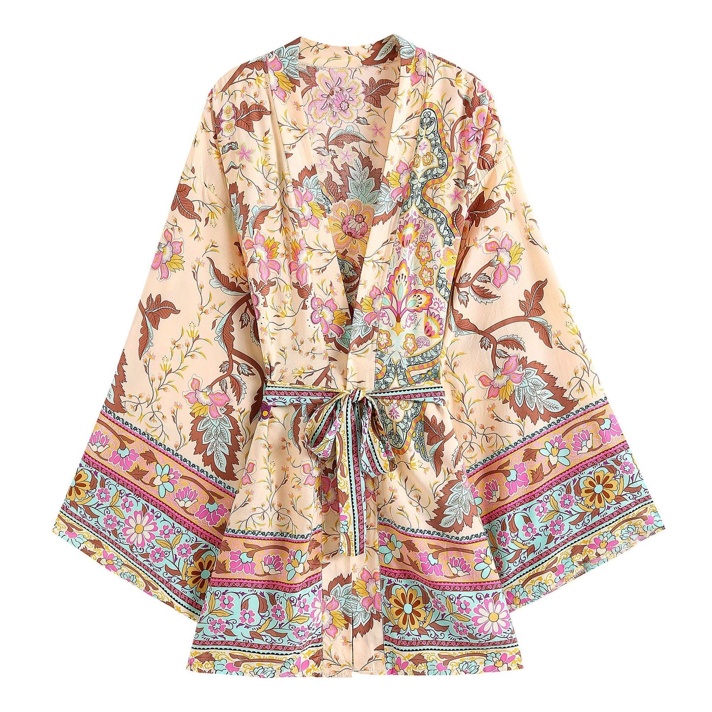 Women's Bohemian Style Yellow Pink Floral Print Kimono Robe