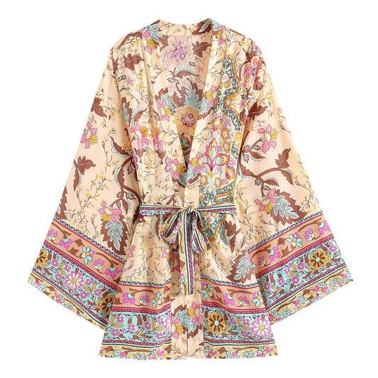 Women's Bohemian Style Yellow Pink Floral Print Kimono Robe