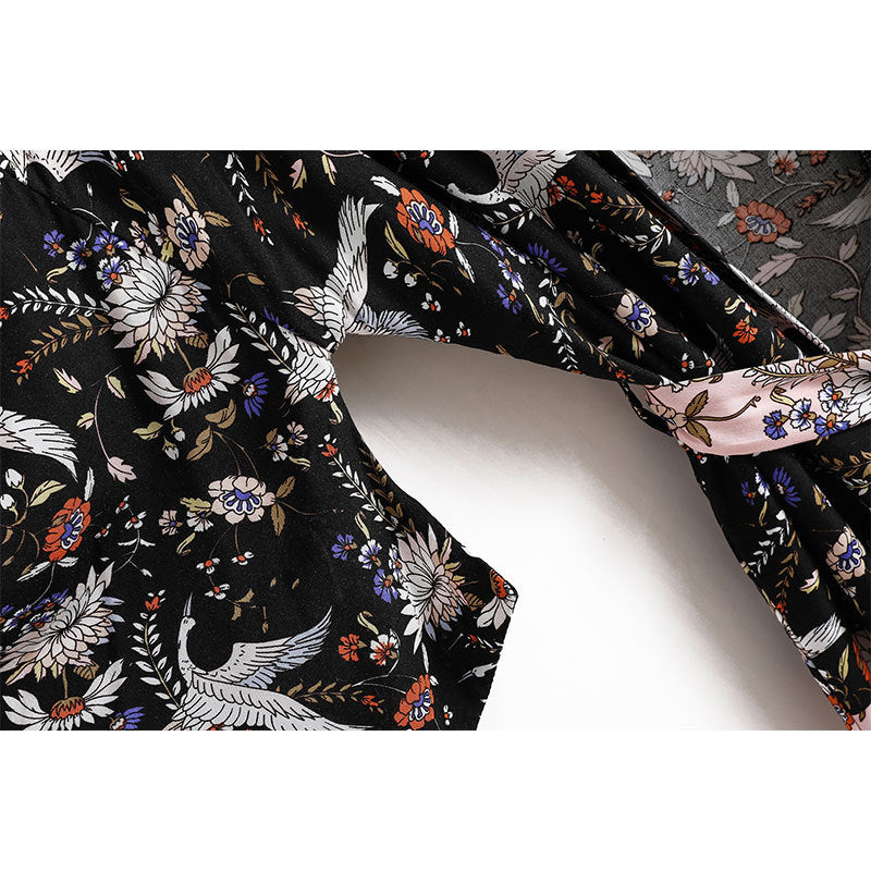Women's Bohemian Style Black Pink Floral Bird Print Kimono Robe