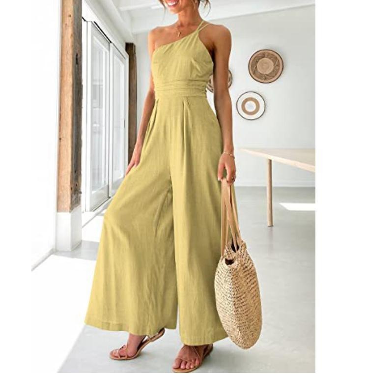 Women's Solid Colour Linen Jumpsuit Camisole Sleeveless One Shoulder Fitted Waist Wide Leg Trendy Outfit