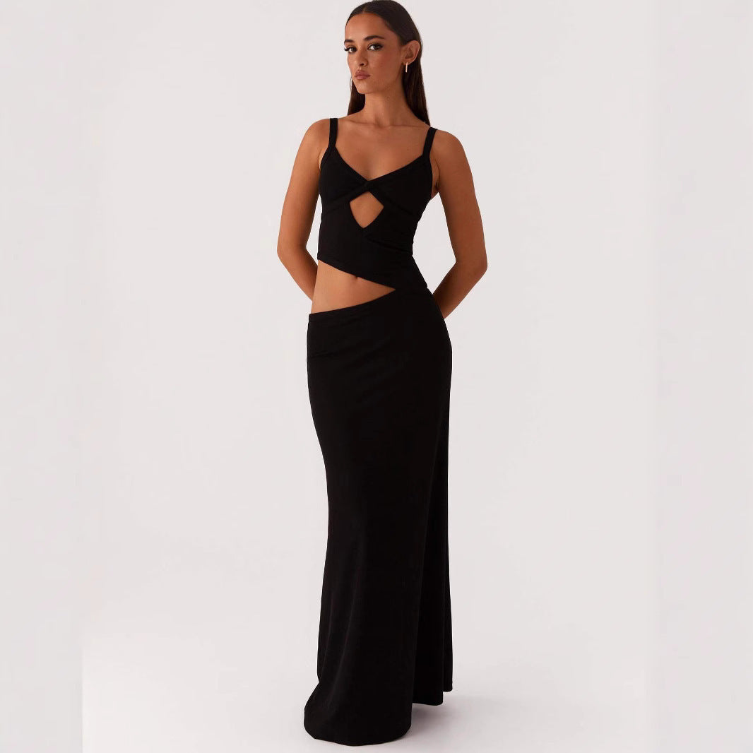 Hollow Irregular Stitching Solid Color Dress