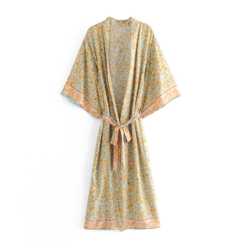 Women's Bohemian Style Yellow Turquoise Floral Print Kimono Robe