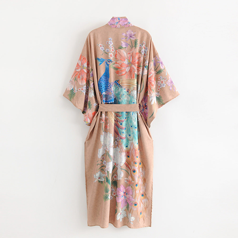 Women's Peacock Floral Print Belted Kimono