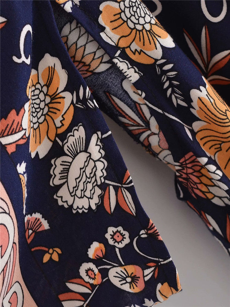 Women's Bohemian Style Navy Peach Flower Print Kimono Robe