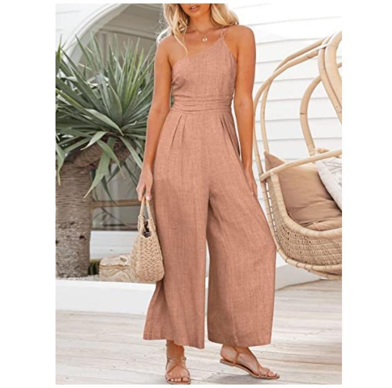 Women's Solid Colour Linen Jumpsuit Camisole Sleeveless One Shoulder Fitted Waist Wide Leg Trendy Outfit
