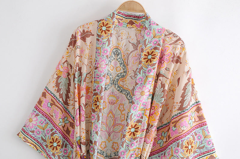 Women's Bohemian Pink Floral Kimono Robe