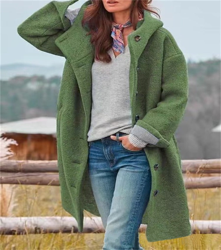 Women's Thick Long Coat Button Front Hooded With Pockets