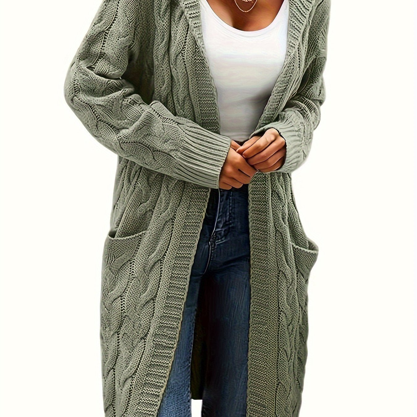 Chic Solid Cable Knit Hooded Cardigan - Cozy Long Sleeve with Practical Pockets, Mid-Length Womens Sweater for Casual Style
