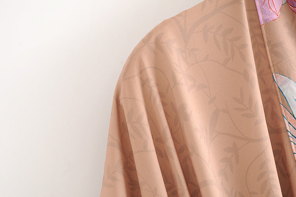 Women's Peacock Floral Print Belted Kimono