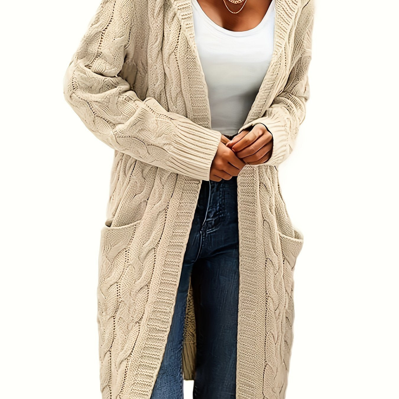 Chic Solid Cable Knit Hooded Cardigan - Cozy Long Sleeve with Practical Pockets, Mid-Length Womens Sweater for Casual Style