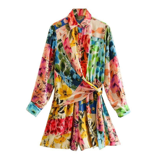 Women's Floral Rainbow Paint Print Wrap Tie Playsuit