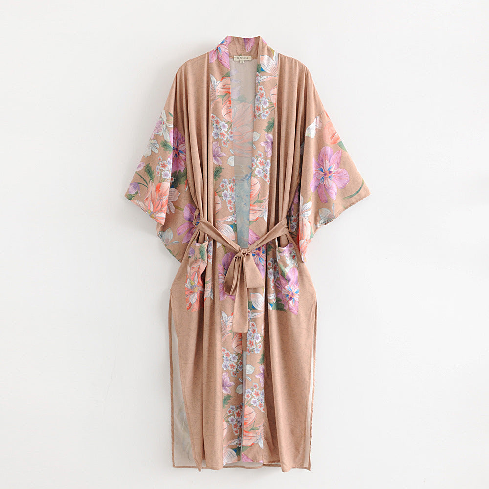 Women's Peacock Floral Print Belted Kimono