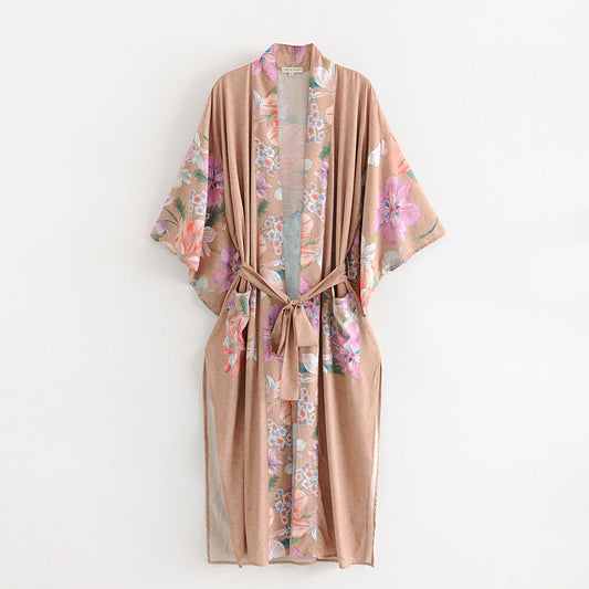 Women's Peacock Floral Print Belted Kimono