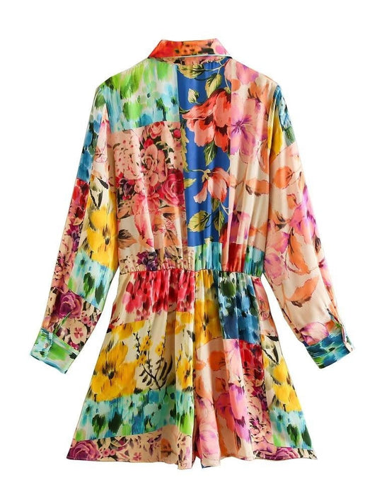Women's Floral Rainbow Paint Print Wrap Tie Playsuit