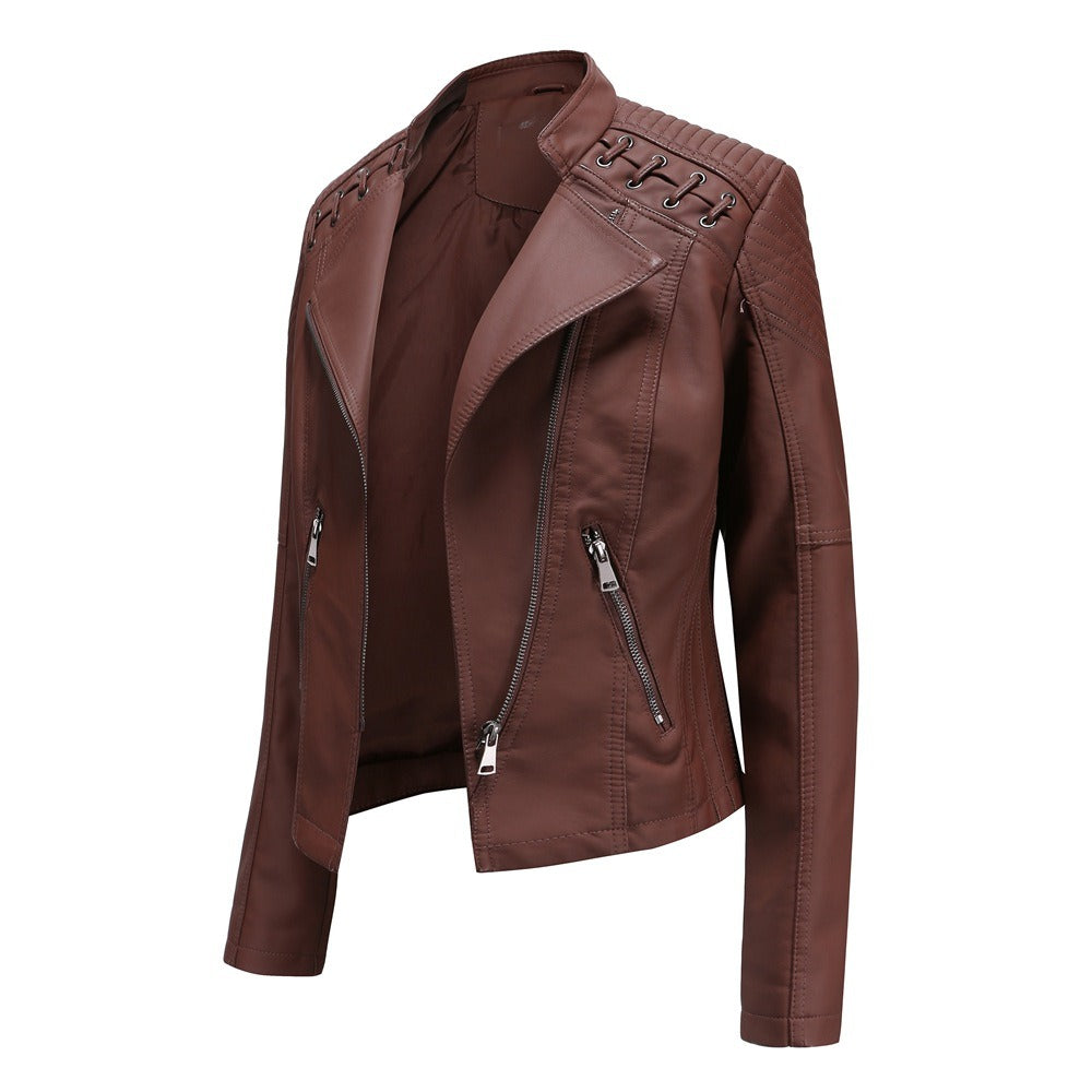 Women's PU Leather Jacket Long Sleeved Pockets Shoulder Detail Fitted Waist Zip Pockets Casual Fashion