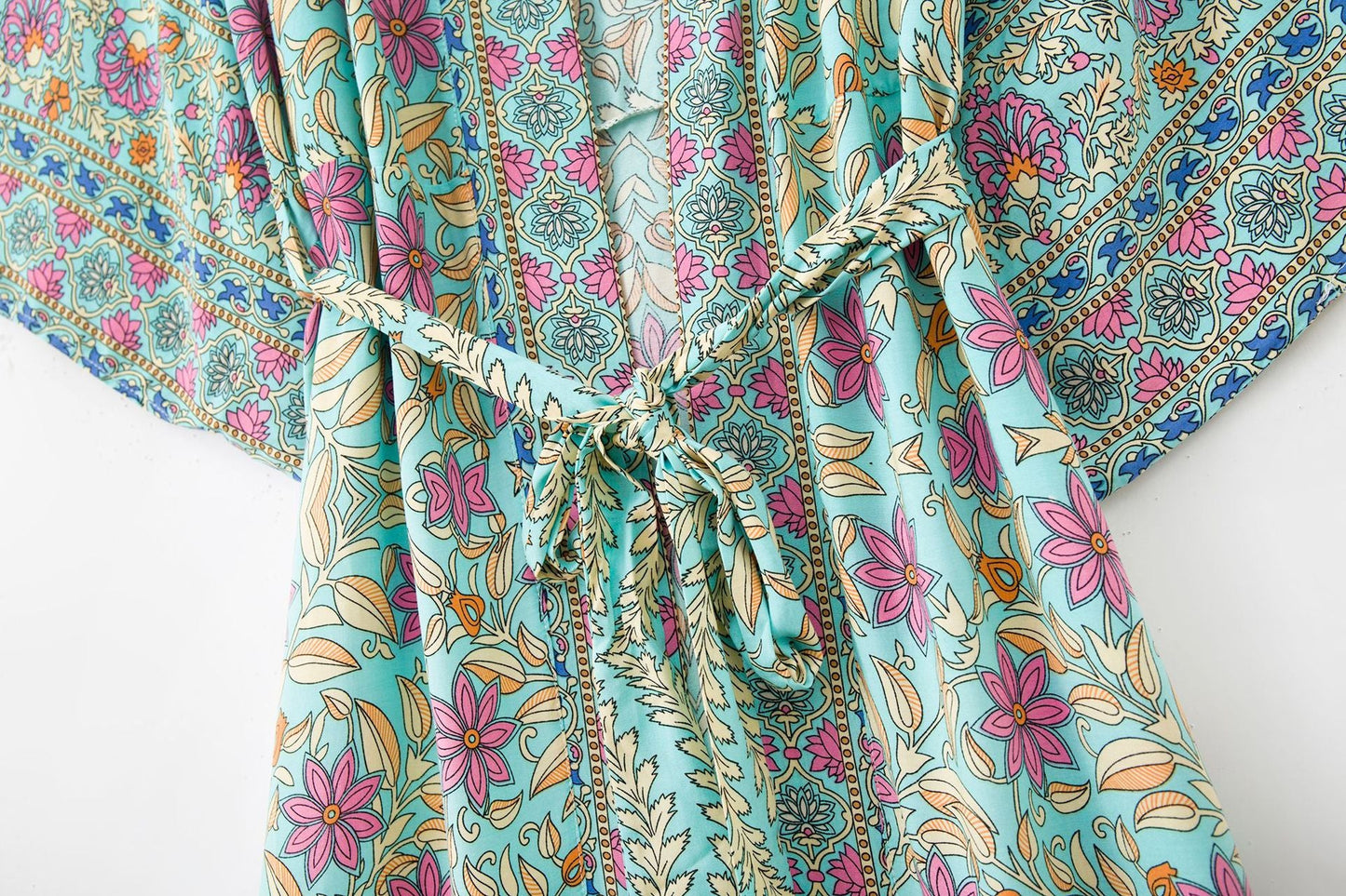 Women's Bohemian Style Turquoise Pink Floral Print Kimono Robe