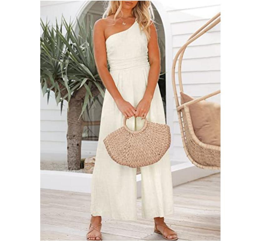 Women's Solid Colour Linen Jumpsuit Camisole Sleeveless One Shoulder Fitted Waist Wide Leg Trendy Outfit