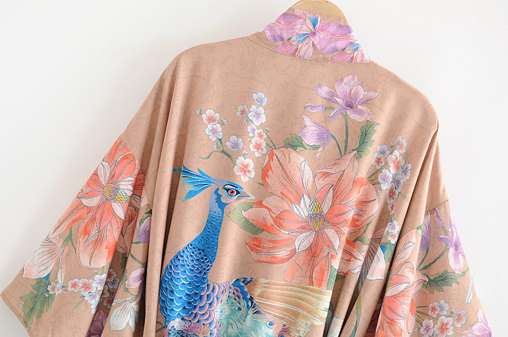 Women's Peacock Floral Print Belted Kimono