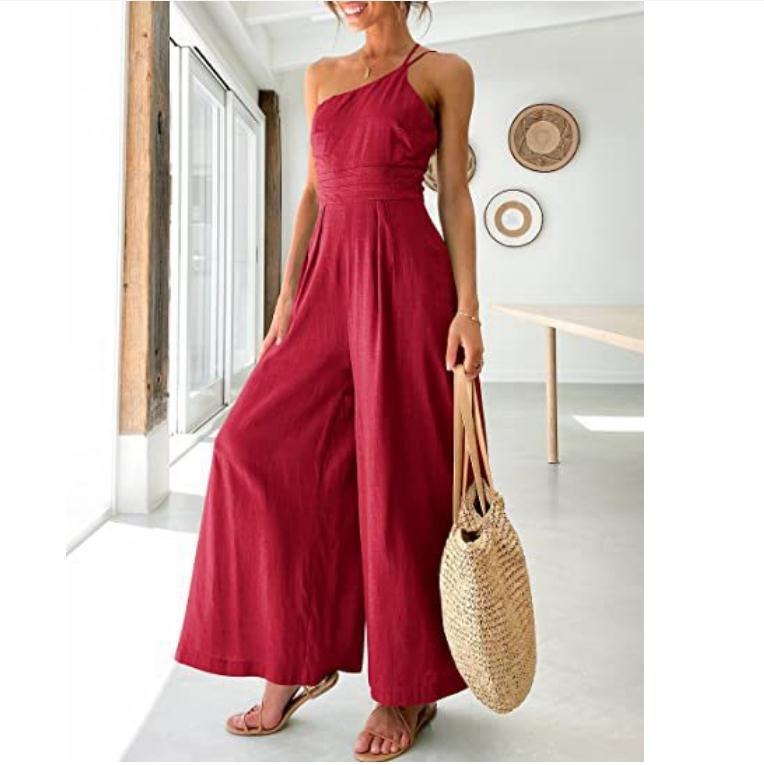 Women's Solid Colour Linen Jumpsuit Camisole Sleeveless One Shoulder Fitted Waist Wide Leg Trendy Outfit