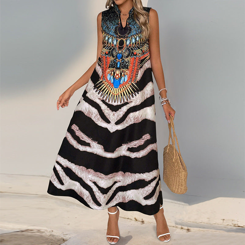 Stand Collar Sleeveless Zebra Print Dress
