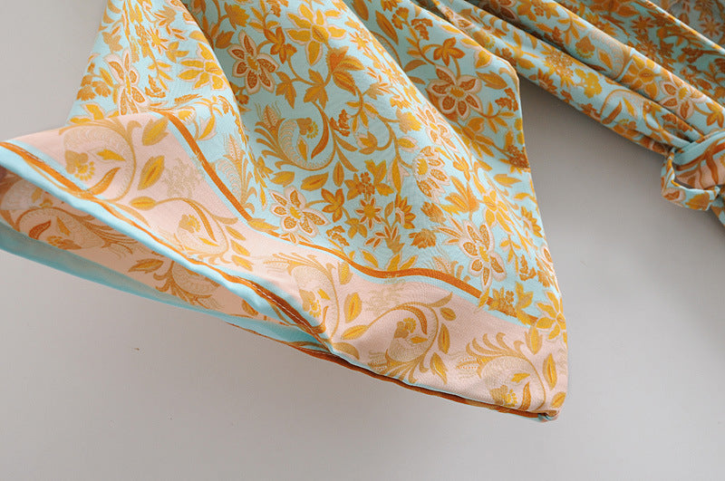 Women's Bohemian Style Yellow Turquoise Floral Print Kimono Robe