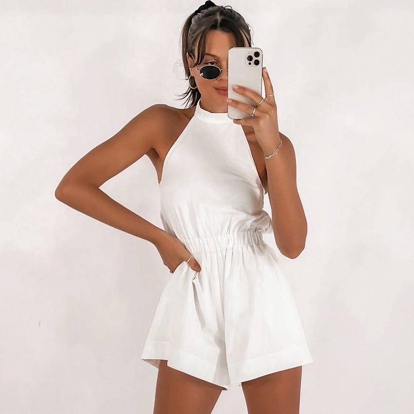 Women's Cotton Fitted Halter Neck Open Back Sleeveless Playsuit