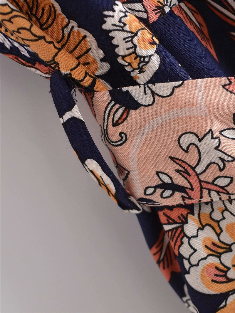 Women's Bohemian Style Navy Peach Flower Print Kimono Robe