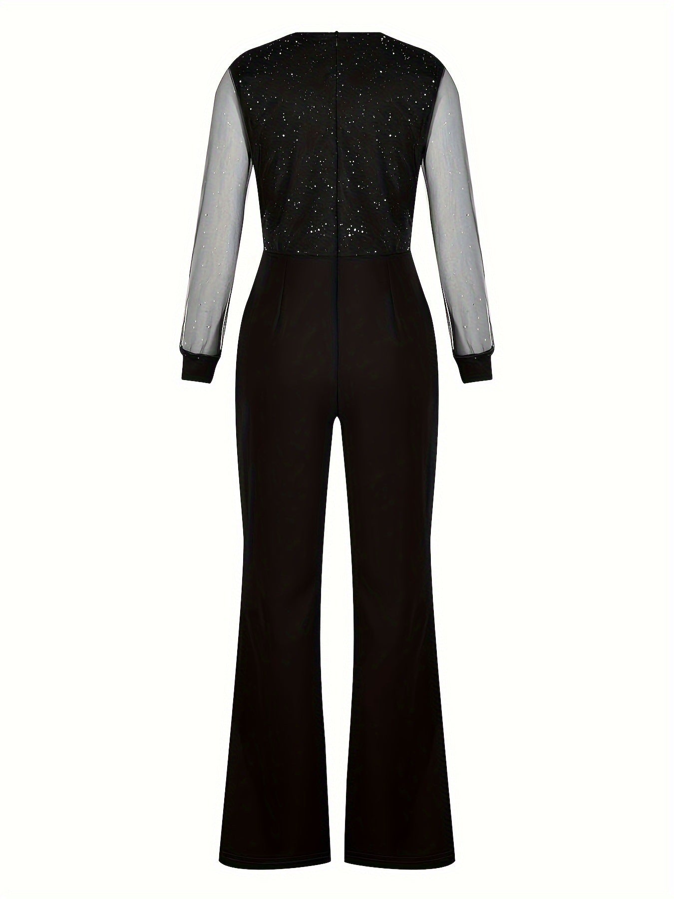 Women's Elegant Mesh Sparkle Top Fitted Trousers Jumpsuit V-Neck Pockets Outfit