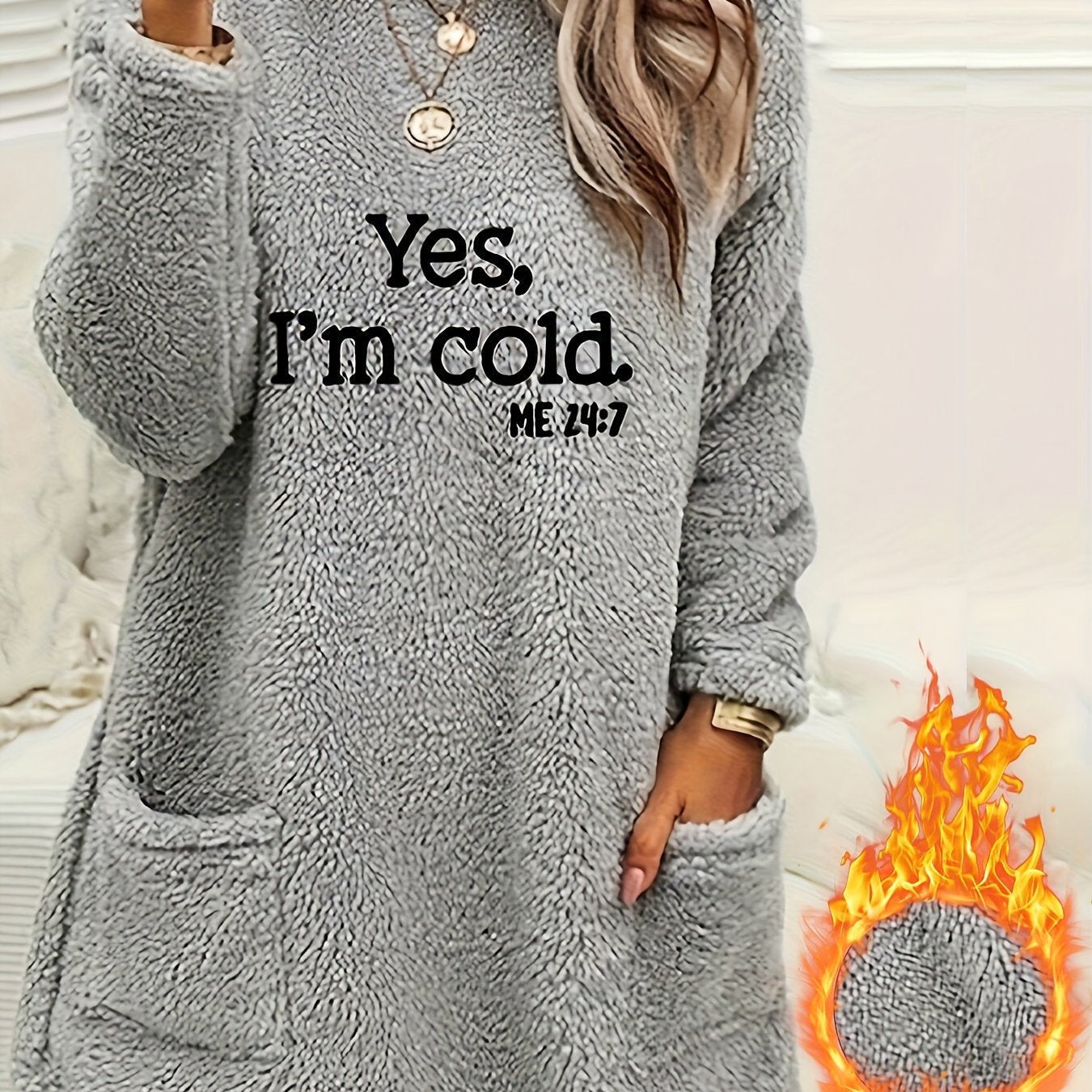 Yes I'm Cold Print Fleece Pullover Sweatshirt, Casual Long Sleeve Crew Neck Sweatshirt With Pockets For Fall & Winter, Women's Clothing