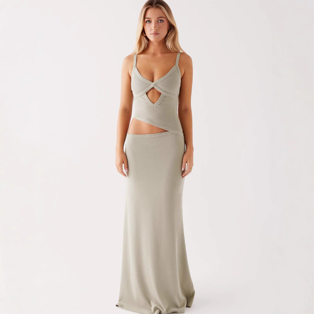 Hollow Irregular Stitching Solid Color Dress