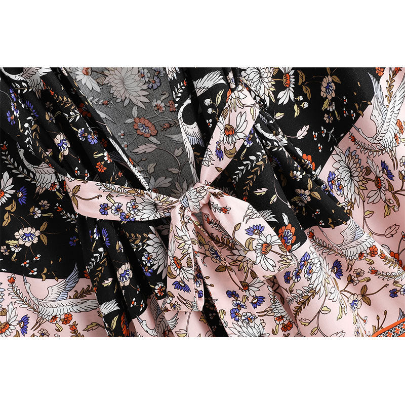 Women's Bohemian Style Black Pink Floral Bird Print Kimono Robe