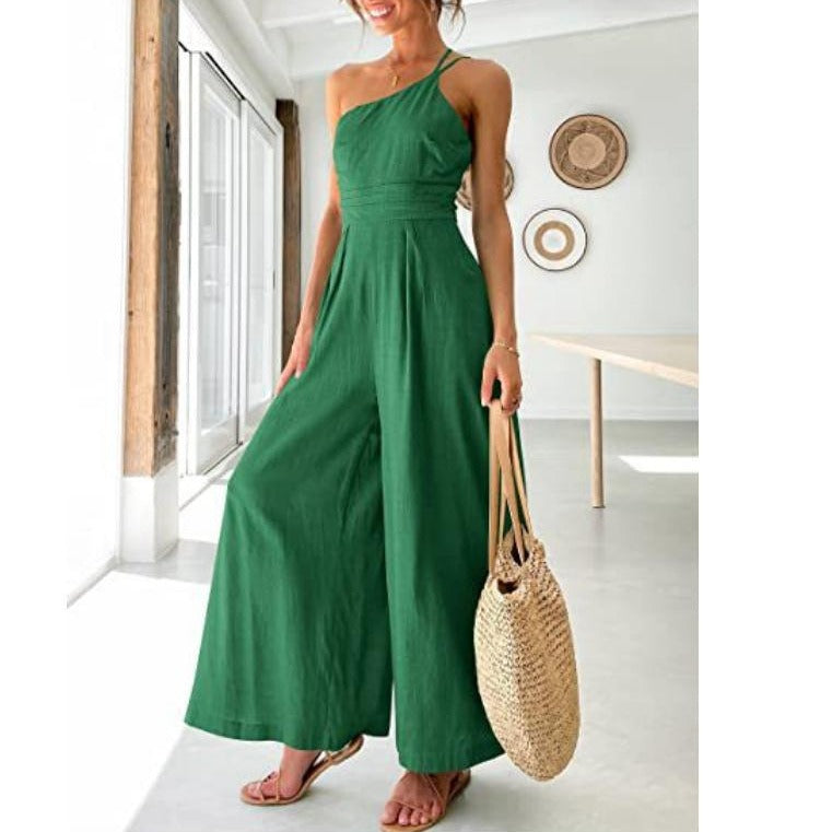 Women's Solid Colour Linen Jumpsuit Camisole Sleeveless One Shoulder Fitted Waist Wide Leg Trendy Outfit