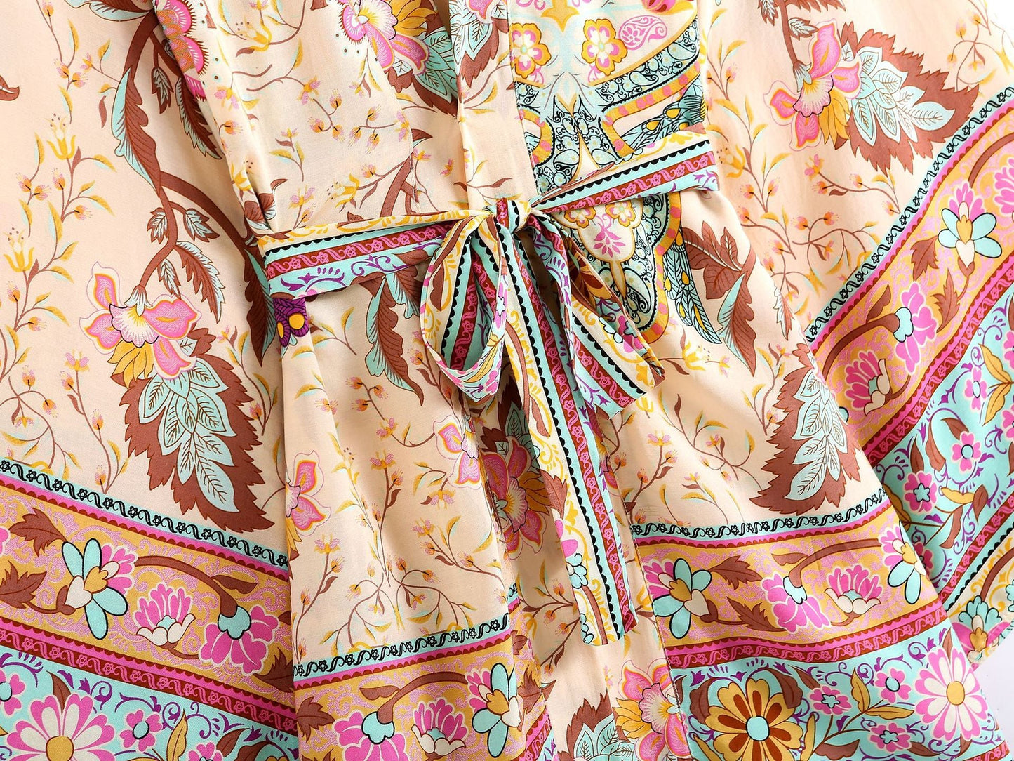 Women's Bohemian Style Yellow Pink Floral Print Kimono Robe