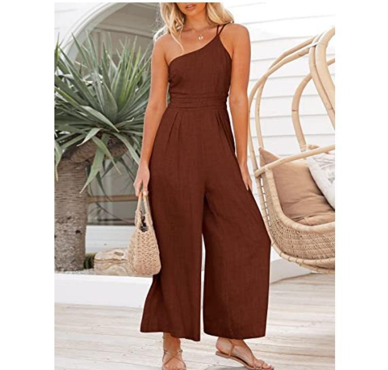 Women's Solid Colour Linen Jumpsuit Camisole Sleeveless One Shoulder Fitted Waist Wide Leg Trendy Outfit