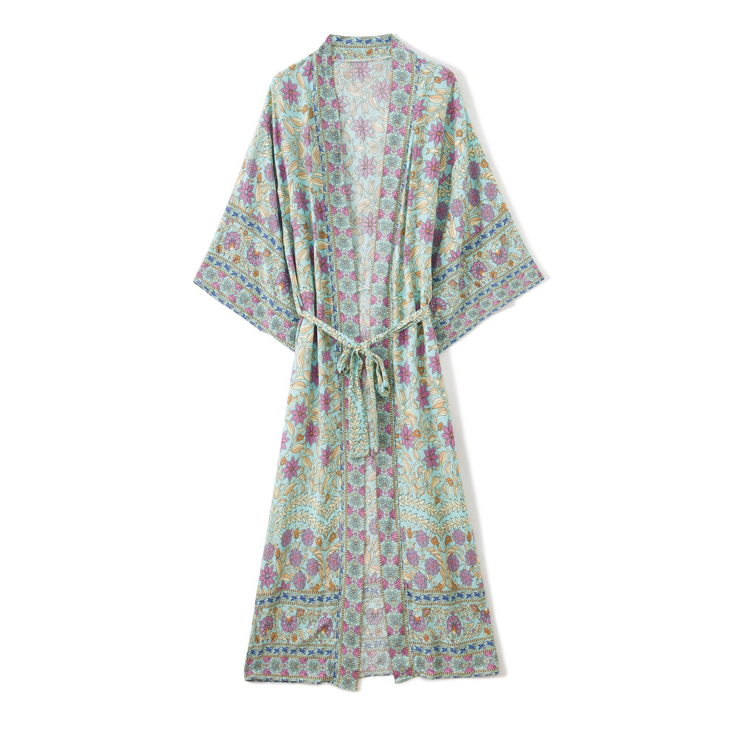 Women's Bohemian Style Turquoise Pink Floral Print Kimono Robe