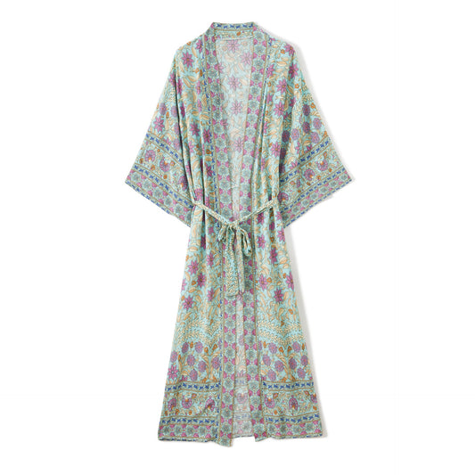 Women's Bohemian Style Turquoise Pink Floral Print Kimono Robe