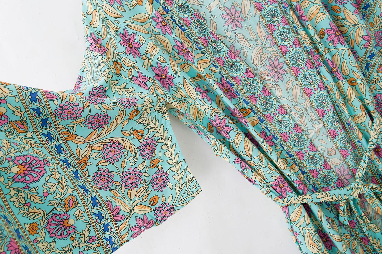 Women's Bohemian Style Turquoise Pink Floral Print Kimono Robe