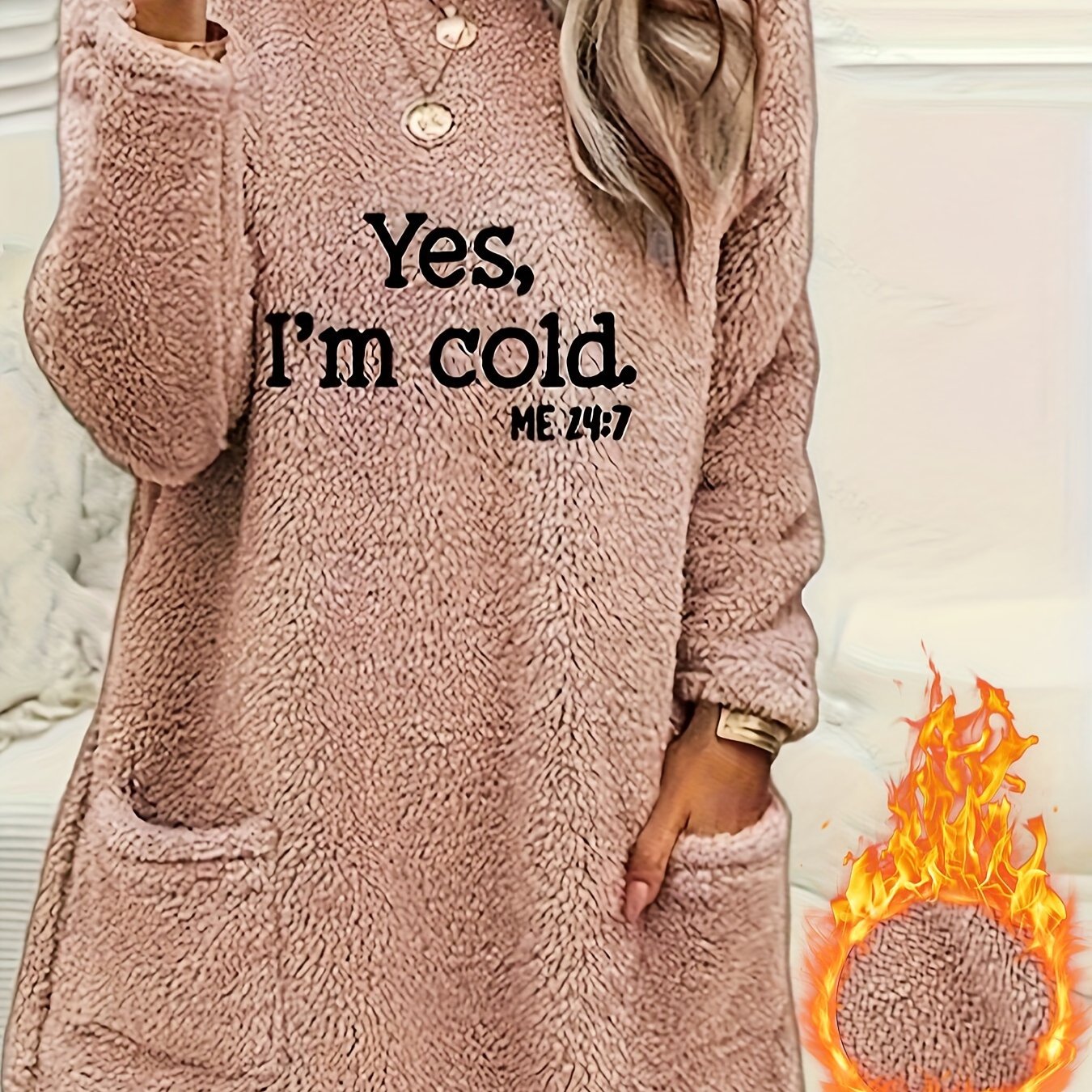 Yes I'm Cold Print Fleece Pullover Sweatshirt, Casual Long Sleeve Crew Neck Sweatshirt With Pockets For Fall & Winter, Women's Clothing