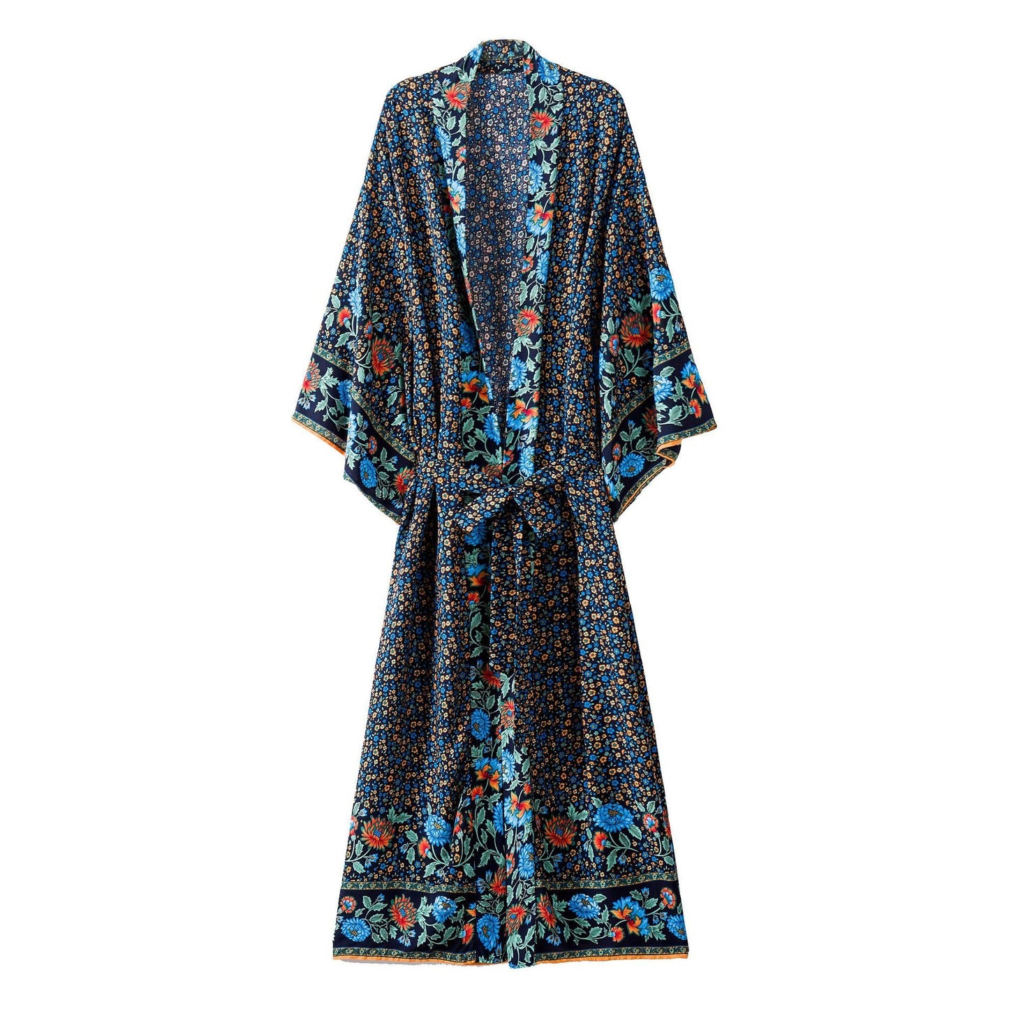 Women's Bohemian Style Black Blue Floral Print Kimono Robe